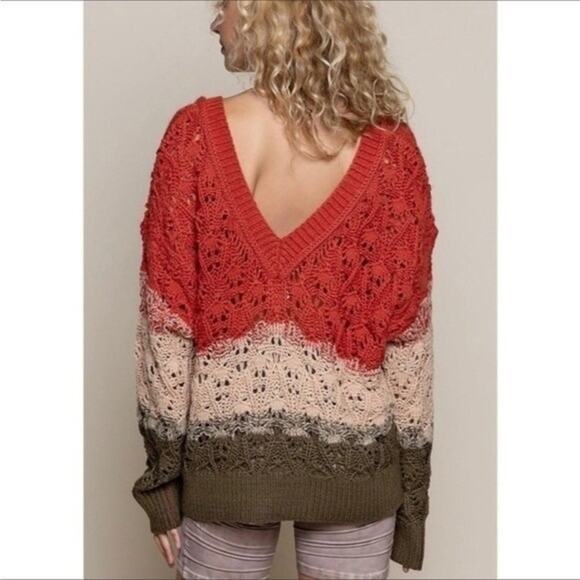 POL Loose Knit Color Block Crochet V-Neck Sweater, Slouchy, Relaxed, Weekend,  L - Picture 3 of 10